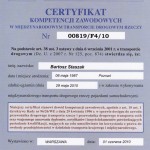 Certyfikat kompetencji zawodowych - mgr inż Bartosz Staszak